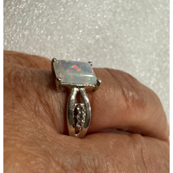 Simulated Opal Ring 925 Sterling Silver Square Cut Sz 6.5 Cocktail - Picture 3 of 7